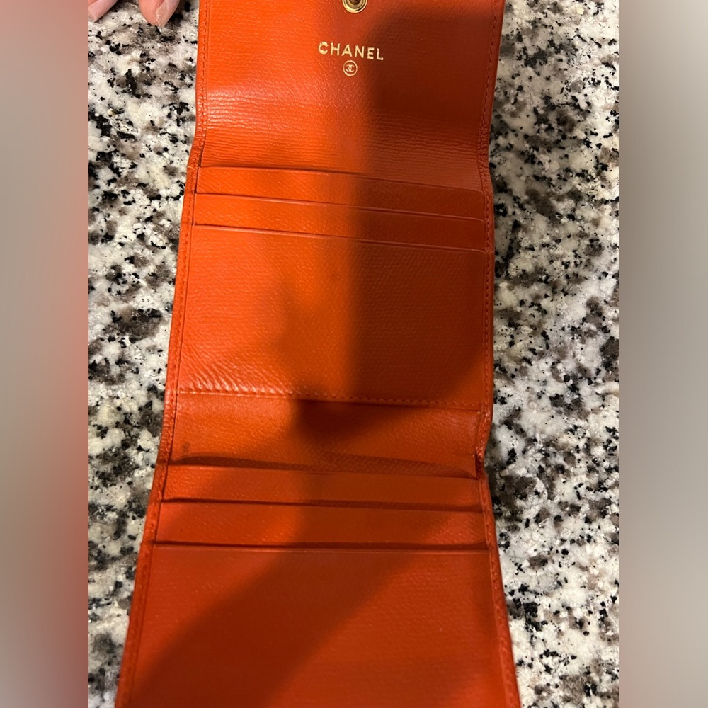 Grained Calfskin Chanel Button Compact Wallet Ora… - image 7